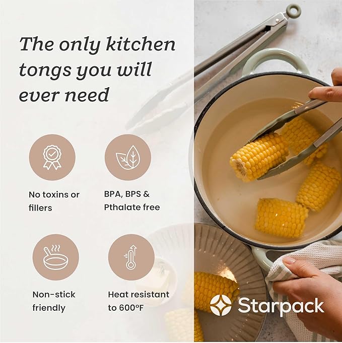 Starpack 'Get a Grip' Silicone Kitchen Tongs for Cooking (2Pcs) - BBQ Tongs for Grill Heat Resistant to 600째F - Stainless Steel Kitchen Utensils w/Non Stick Silicone Tips - 9",12" for Serving Food