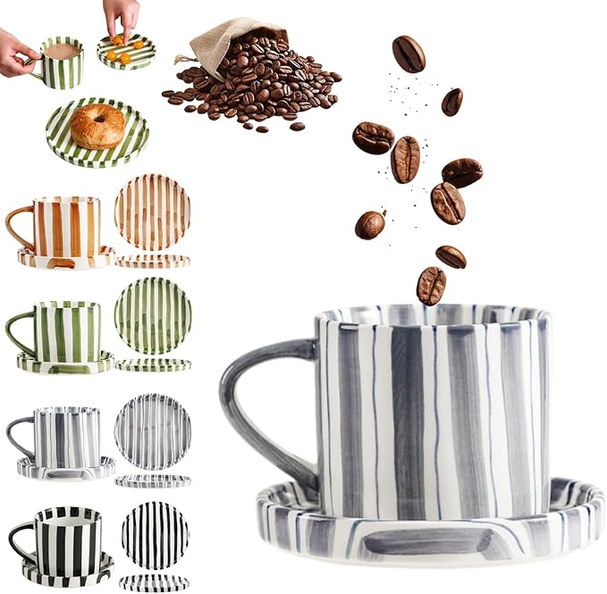 Retro Striped Hand-Painted Ceramic Mark Hand-Held Cup, Retro Striped Ceramic Coffee Mug, 9 oz Hand-Painted Stripeds Ceramics Coffee Mug with Cups, Saucers and Plates (Blue)