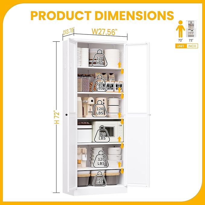 Pantry Cabinet with Glass Doors, 72??Kitchen Storage Cabinets with 5 Adjustable Shelves, Kitchen Pantry Cabinet with Ventilation Holes and Hooks for Home, Living Room, Pantry (White)