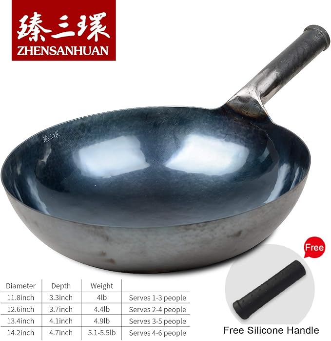 ?삡툒??ZhenSanHuan Chinese Hand Hammered Iron Woks and Stir Fry Pans, Non-stick, No Coating, Carbon Steel Pow (36CM, BlueBlack Seasoned with help handle)