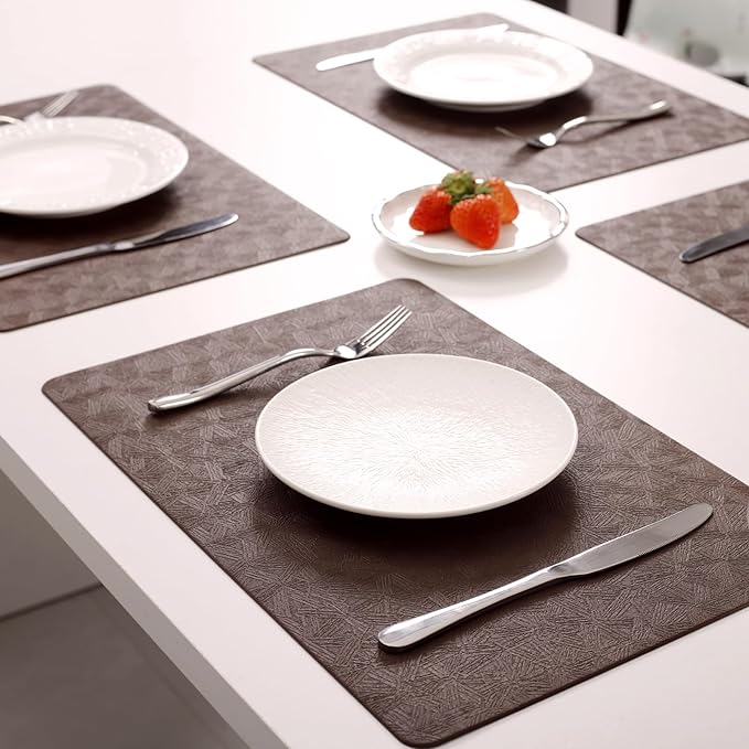 Bxzandya Vinyl Placemats Set of 4 Heat Resistant Easy Clean Non-Slip Place Mats for Dining Table Faux Leather Waterproof Stain Resistant Wipeable Washable PVC Table Mats(4, Brown)