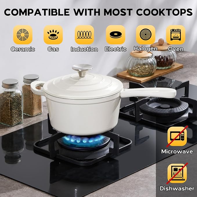 Onader 1QT Sauce Pan, Enameled Cast Iron Saucepan Dutch Oven Pot with Lid, Small Cooking Sauce Pot, Nonstick & Oven Safe ??White