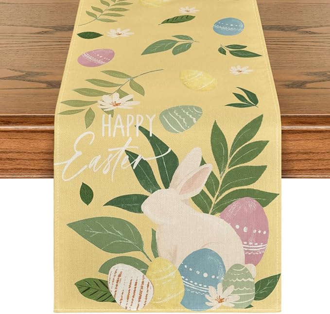 Artoid Mode Yellow Bunny Eggs Leaves Flowers 210 GSM Easter Table Runner, Seasonal Spring Kitchen Dining Table Decoration for Home Party Decor 13x72 Inch