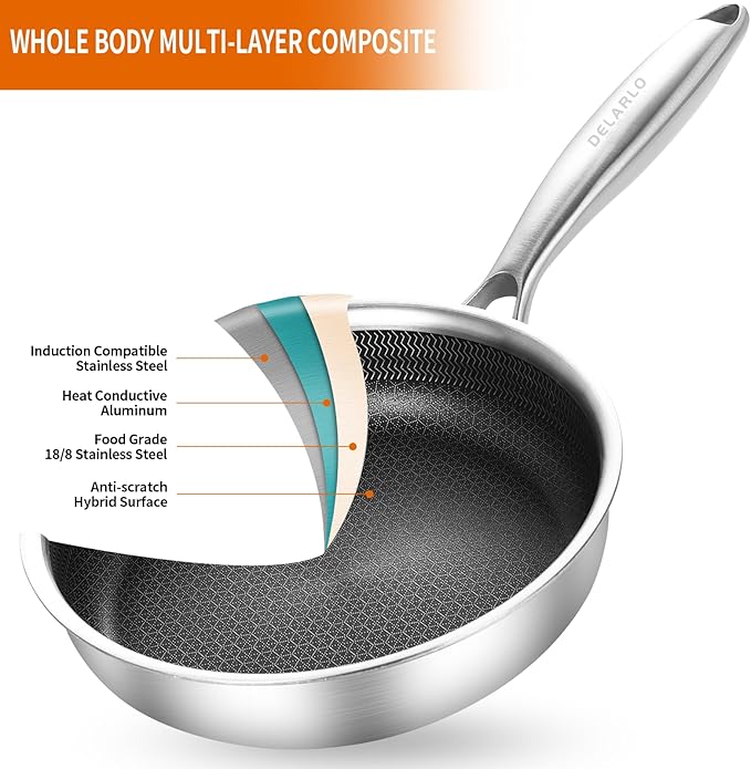 DELARLO Tri-Ply Stainless Steel 5.5 Inch Omelet Pans, Small Frying Pan Compatible with All Cooktops 500??Oven Safe Mini Skillet
