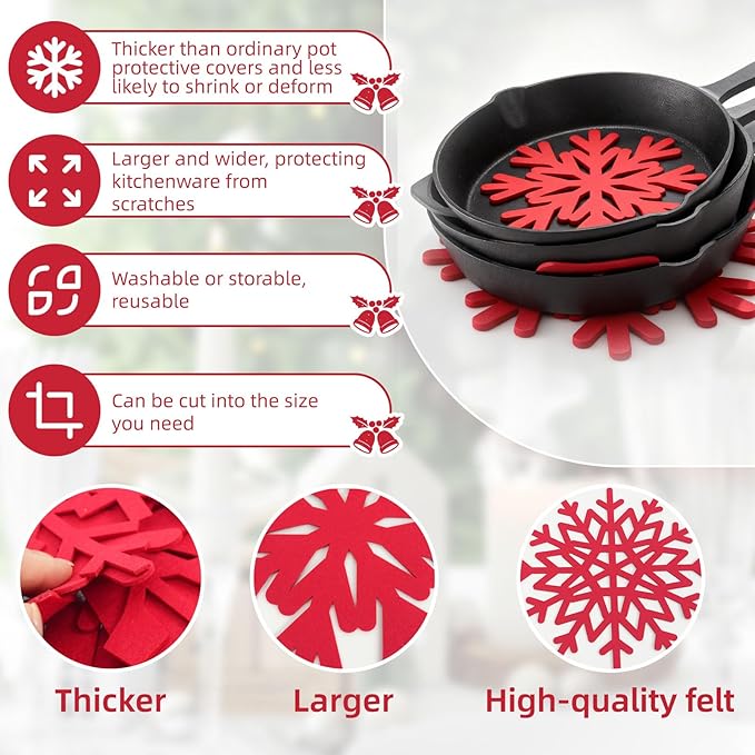 20 Pcs Christmas Felt Pot and Pan Protectors Larger & Thicker Xmas Decoration Pot Separators Pads 9/12/14/16 Inch for Stacking and Protecting Glassware, Cookware and More (Snowflake)