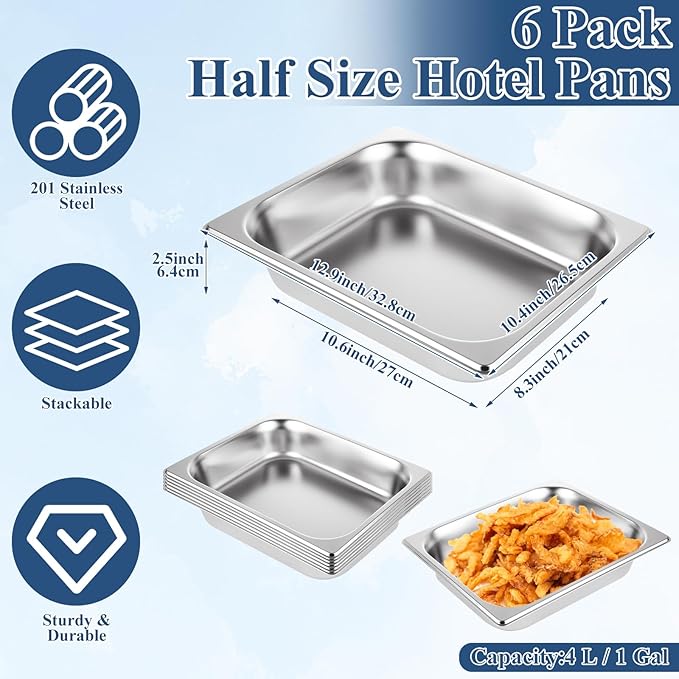 QTLCOHD 6 Pack Half Size Hotel Pans, 1/2 Inch 2.5 Inch Deep Stainless Steel Steam Table Pan, Commercial Food Pan for Chafing Dishes, Breading Trays for Hotel, Party, Buffet, Catering Supplies