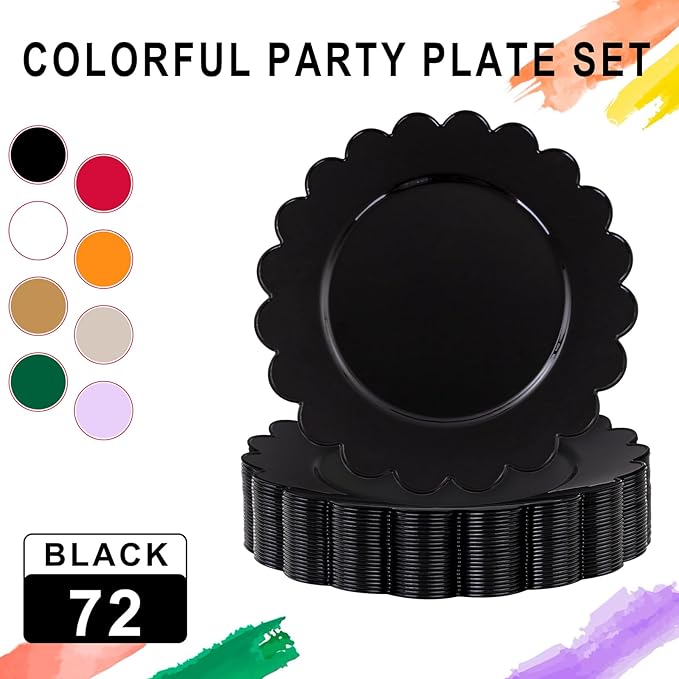 SUT 72 PCS Black Plastic Plates - 7.5 Inch Plates Disposable Heavy Duty竊똏lastic Plates for Party, Dessert & Celebrations