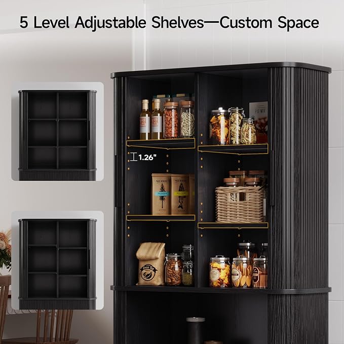 ONBRILL 71" Fluted Pantry Cabinet, Tall Kitchen Pantry Storage Cabinet with 2 Pegboards, 4 Hooks & Adjustable Shelves, Wood Cupboard for Kitchen, Dining Room, Living Room and Hallway, Black