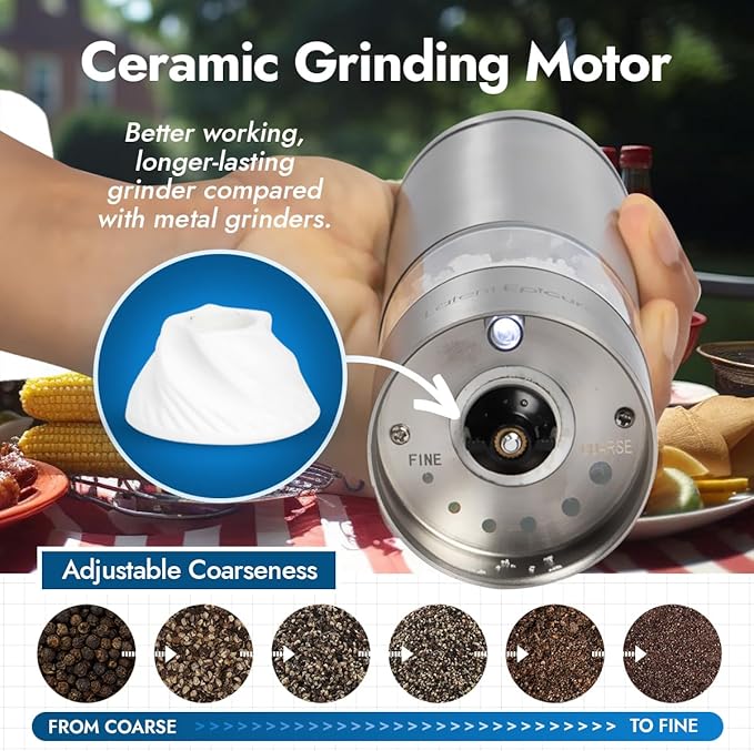 Electric Salt & Pepper Grinder Set ??Battery Operated Stainless-Steel Mills & Shakers with Light, Adjustable Ceramic Grinders & Acrylic Rest Tray