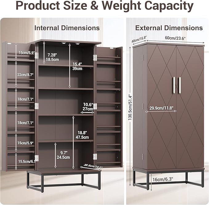 51??Pantry Cabinets, Freestanding Kitchen Pantry Storage Cabinet with Adjustable Shelves, Buffet Cupboards Storage Cabinet for Home Office Use (Brown)