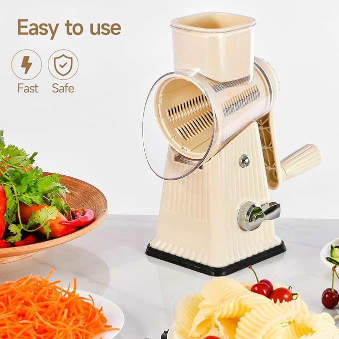 Xilrvna RotaryCheese Grater,VegetableShredder 5 in 1 Cheese Grater with HandleedderReinforcedSuction,EasytoClean,KitchenChopperforCrushedIce,Fruits and Nuts with Blade Storage Case竊늋hite