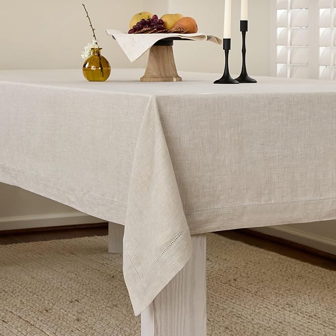 Solino Home Linen Tablecloth 60 x 156 Inch - Classic Hemstitch 100% Pure Linen Light Natural Table Cloth for Rectangle Tables - Machine Washable Tablecloth for Spring, Easter