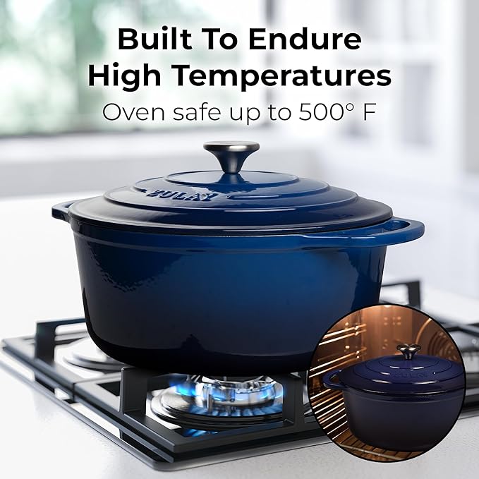 Zulay Kitchen 6 Quart Enameled Cast Iron Dutch Oven Pot with Lid ??Premium Durability & Oven Safe up to 500째F ??Heavy Duty Cookware Perfect for Bread Baking, Stews, Braising & Roasting ??Blue