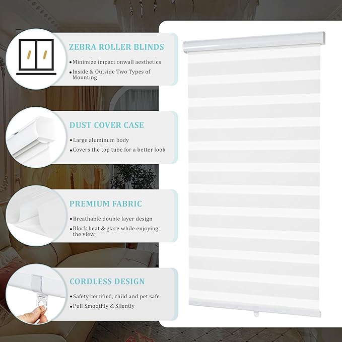 Lcotanis Zebra Blinds for Windows, 2 Pack Roller Window Shades, Blackout Blinds for Windows, Cordless Dual Layer Roll Up Blind Control for Day and Night, 71" W X 72" H, White