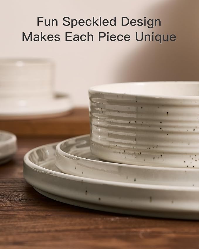 Plates and Bowls Sets for 6, Famiware Premium 18-Piece Stoneware Dinnerware Set - Reactive Glaze with Speckles & Spirals, Chip & Scratch Resistant, Dishwasher Safe, Dish Set with Gift Box, Shell Beige