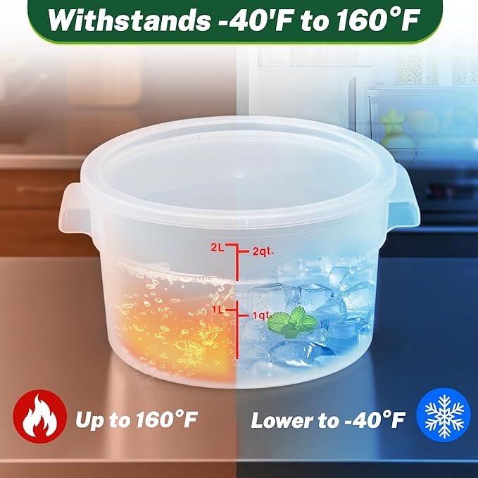 Round Food Storage Container with Lid, 2 Qt Translucent, Commercial 4 Pack of ??NSF Listed, BPA-Free, Polypropylene, Non-Stick, Scale, with Labels & Measuring Cups
