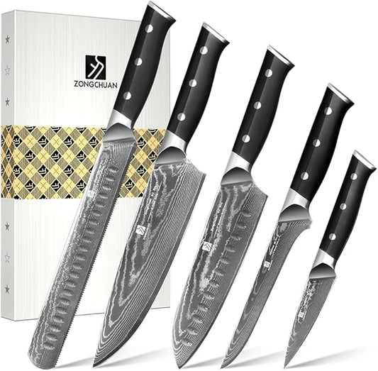 5-Piece Damascus Chef Knife Set: High Carbon Stainless Steel, Professional Ultra Sharp Kitchen Knives Set with Ergonomic Black Handle - Chef/Santoku/Paring/Bread/Brisket/Boning Knives in Gift Box