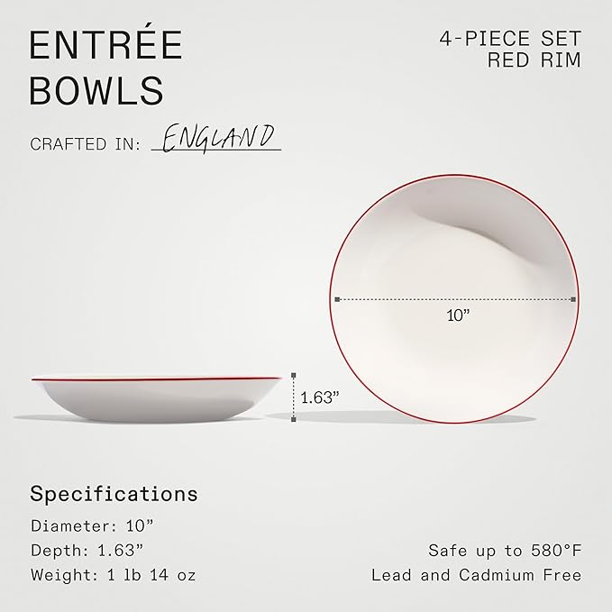 Made In Cookware - Set of 4 - Entr챕e Bowls - White With Red Rim - Porcelain - Crafted in England
