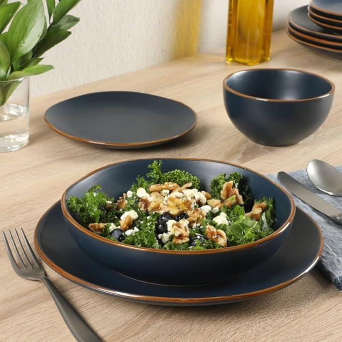 Gibson Home Hazeltine 16-Piece Navy Blue Stoneware Dinnerware Set ??Plates and Bowls, Durable Ceramic Kitchen Dinner Set