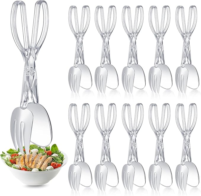 Tioncy 12 Pack Plastic Salad Scissor Tongs 11.5 Inches for Serving Reusable Food Tongs, Clear Utensils for Chef Cooking, Kitchen, Buffet, Party, Catering Supplies