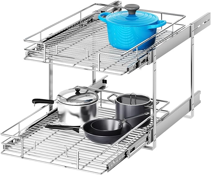 2 Tier Individual Pull Out Cabinet Organizer 22쩍" W x 21쩍" D, Heavy Duty Cabinet Pull Out Shelves, Slide Out Drawers Organization for Kitchen Cabinets Bathroom