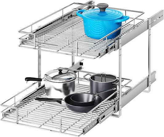 2 Tier Individual Pull Out Cabinet Organizer 19쩍" W x 21쩍" D, Heavy Duty Cabinet Pull Out Shelves, Slide Out Drawers Organization for Kitchen Cabinets Bathroom