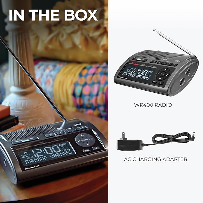Midland - WR400 Weather Radio Deluxe - NOAA Emergency Alert Scanner ??Home Use with Battery Backup - Local County Programming Over 80 Emergency Voice Flashing Alerts ??Alarm Clock AM/FM Radio