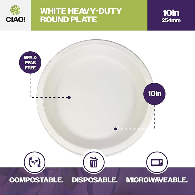 CIAO! 10.25" White Heavy Weight Plastic Plate Mineral Filled Polypropylyne MFPP (Case of 400)