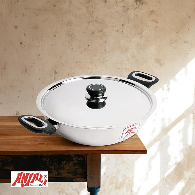 ANJALI Fiesta Pro Stainless Steel Fry Pan & Kadai Set ??8.7 Inch Frying Pan and 10.2 Inch Kadai ??Induction & Gas Compatible Cookware with Stay-Cool Handles
