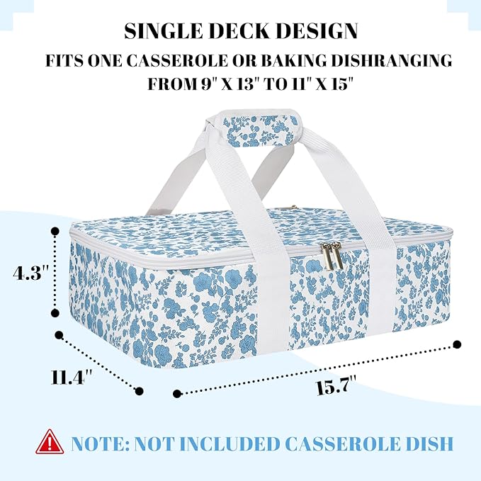 Insulated Casserole Carrier for Hot or Cold Food, Lasagna Lugger Tote Warmer or Cooler Bag, Casserole Dish Carrier for Potluck Parties, Picnic and Cookout, Fits 9"x13" Baking Dish(Blue Floral)