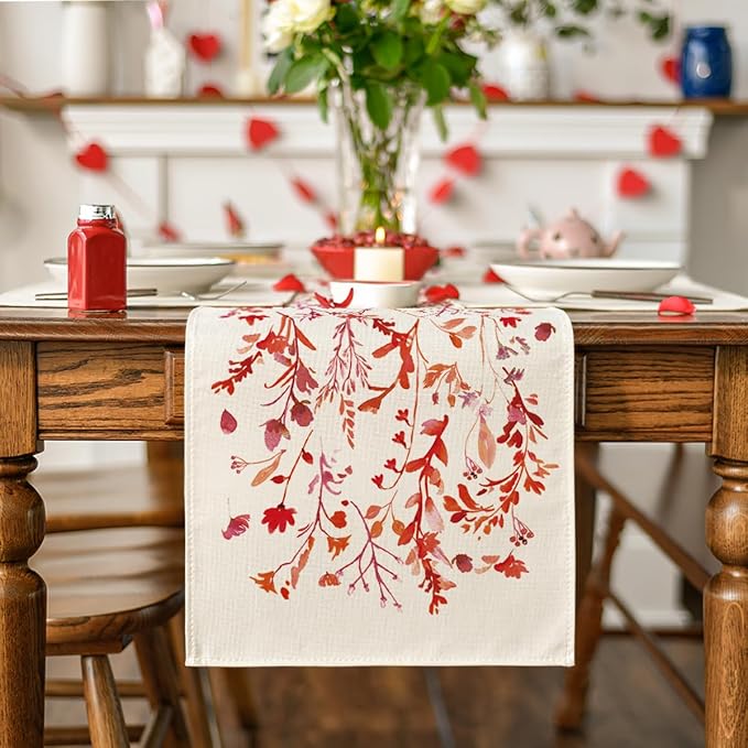 Artoid Mode Floral Leaves Valentine's Table Runner, Wild Flowers Seasonal Kitchen Dining Table Decoration for Home Party Decor 13x60 Inch
