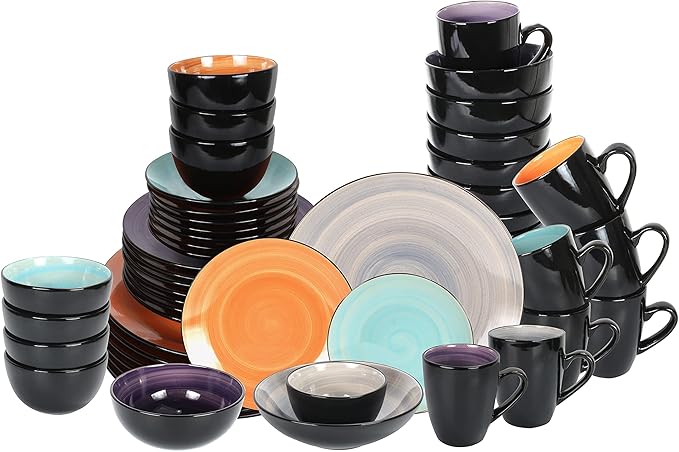 Stoneware Sonoma Dinnerware Set, Black + Speckled Spin Wash (56pc Set, Mix Grey, Orange, Purple, Turquoise)