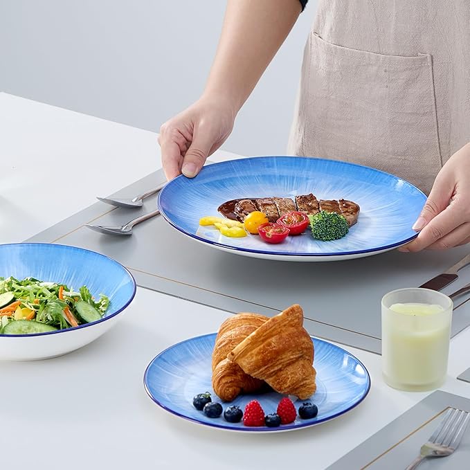 Bestone Porcelain Dinnerware Sets Service for 4, 12 pcs Hand drawn Plates and Bowls Sets, Handmade Ceramic Dish Set, Chip Resistant Modern Plate Set, Dishwasher/Microwave Safe竊똕tarburst blue