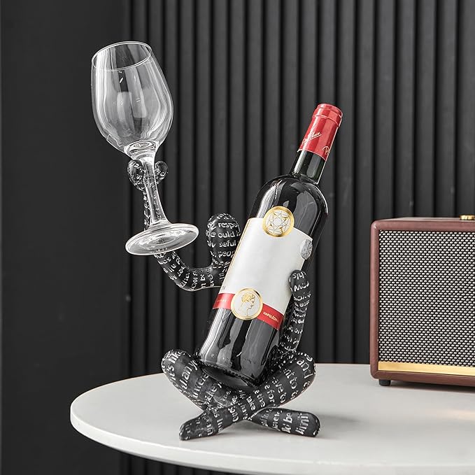 XINXUAN Abstract Wine Bottle Holder Home Decor, Resin Hollow-Out Design Decorative Wine Rack (Letter - Black)