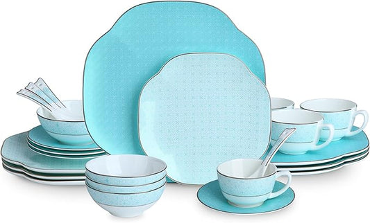 Blue 24 Piece Porcelain Dinnerware,Bone china set for 4,Plates and Bowls Sets With Silver checkered cross pattern, Highly Chip & Crack Resistant & Dishwasher (Light Blue + Checkered Cross)