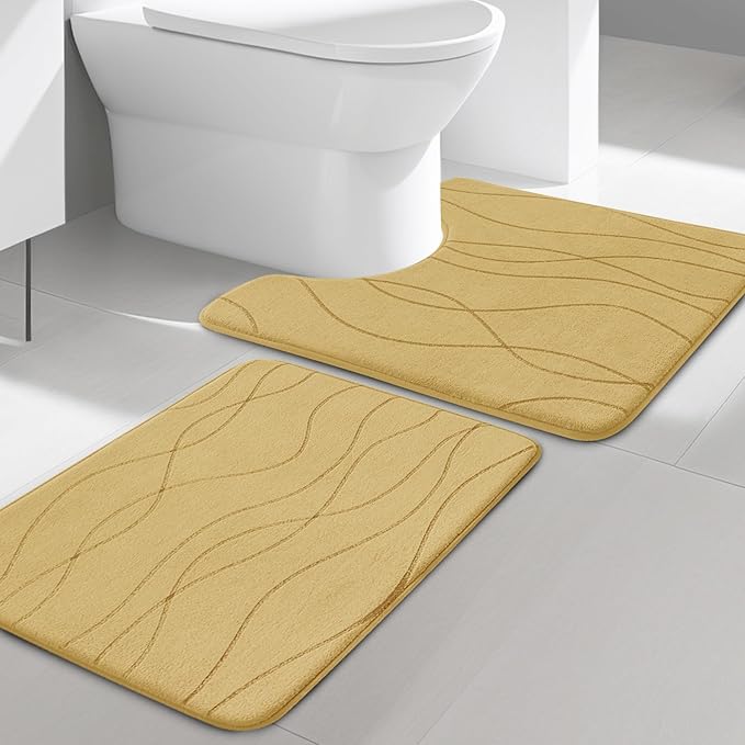 YIHOUSE Memory Foam Bathroom Rug Sets 2 Piece, Ultra Absorbent Bath Mat for Bathroom - Non-Slip Machine Washable & Dry Quickly, 2 Piece Bathroom Mat Set,Beige