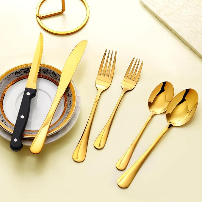 48-Pack Gold Silverware Set with Steak Knives, Stainless Steel Tableware Cutlery Spoons Forks Kit, For Buffet Kitchen Restaurant Hotel, Kitchen Flatware Utensils Set, Mirror Polished