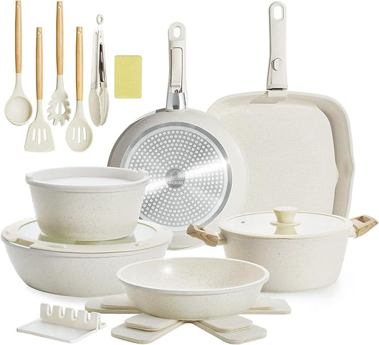 23pcs Ceramic Pots and Pans Set, Nonstick Detachable Handle Cookware, Induction Kitchen Cooking Set with Removable Handle,include Frying Pans & Saucepans Oven Safe, Induction, Stackable Set