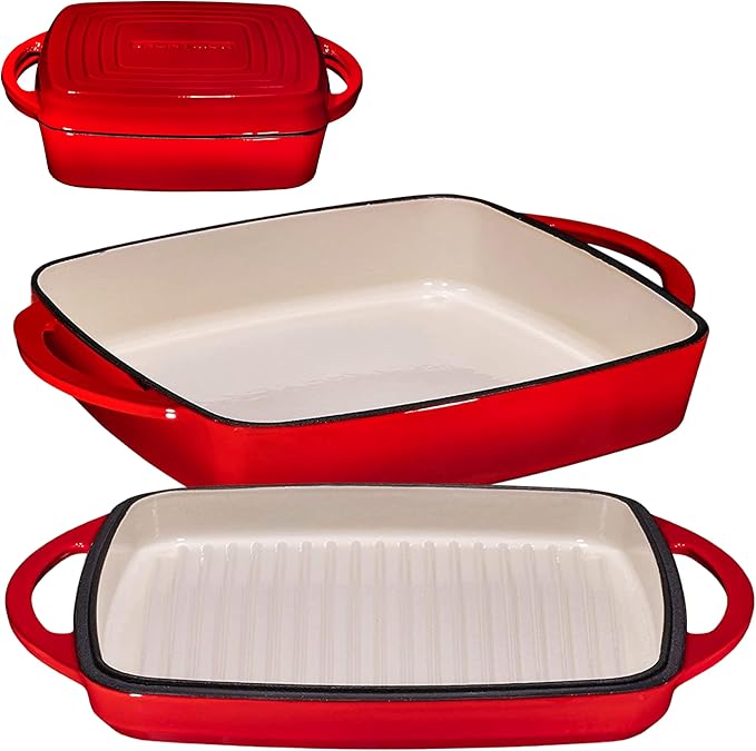 Bruntmor 2-in-1 Square Enameled Cast Iron Dutch Oven Baking Pan and Gridle Lid with Dual Handles, Cast Iron Skillet lid, Coating Gridle for Baking, Bacon,Steaks - Red