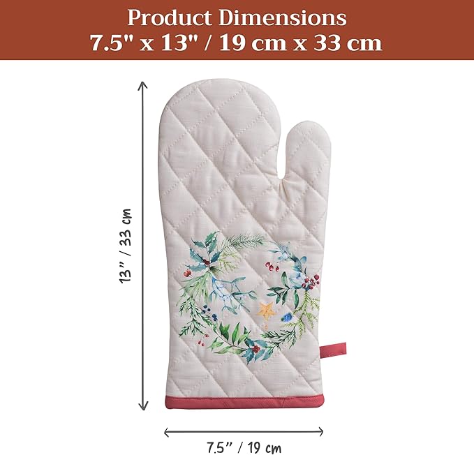 Maison d' Hermine Oven Gloves 100% Cotton Oven Mitt 7" x 13" with Loop Heat Resistant BBQ Cooking Gloves for Thanksgiving Christmas Decorations Baking Handling Hot Pans (Pack of 1, Holly Time)