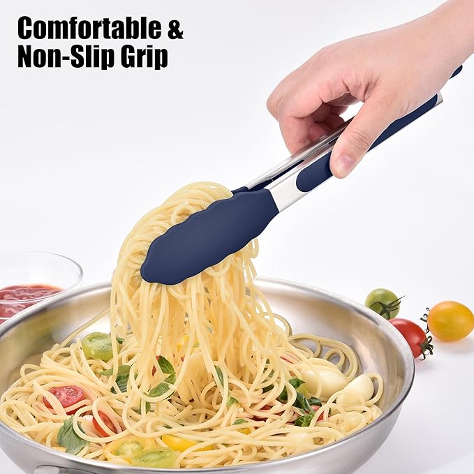 Doosu Kitchen Tongs for Cooking - 600째F Heat Resistant Food Tong with Non-Scratch Silicone Tips, Heavy Duty Stainless Steel Locking Tong for BBQ, Grilling Steak, Serving Salad Pasta (9in, Navy Blue)