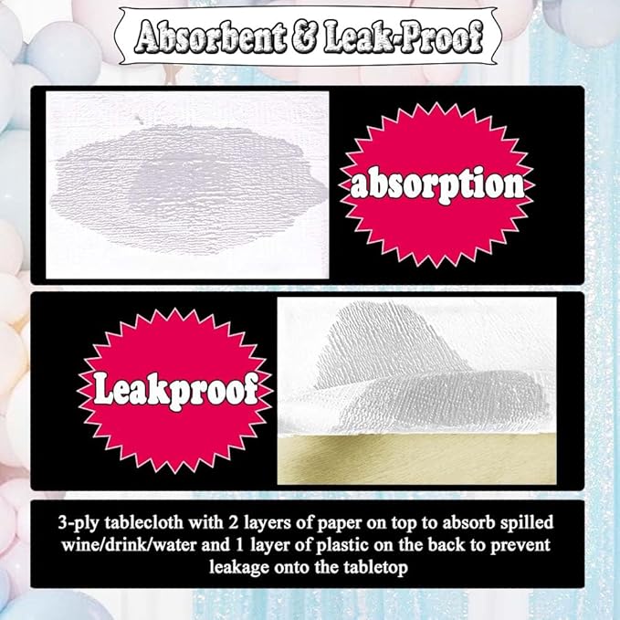 [6 Pack] White Paper Tablecloth Disposable for Rectangle Tables, 54 X 108 Inch Party Table Cover with Plastic Backing, Waterproof 3 Ply Table Cloth for Wedding Valentine's Day Parties