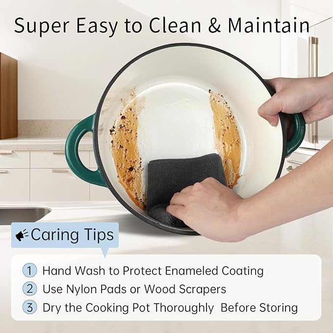 6 Quart Enameled Cast Iron Dutch Oven Pot with Lid, Oven Safe up to 500째F or on Stovetop, Non-stick Dutch Oven for Bread Baking, Cooking, Dual Handles Cookware, Green