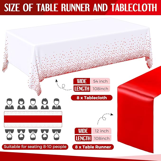 Tudomro 16 Pcs White and Red Disposable Plastic Tablecloths and Satin Table Runner Set 54x108 Inch Tablecloth 12x108 Inch Table Runners for New Year Wedding Birthday Baby Shower Graduation