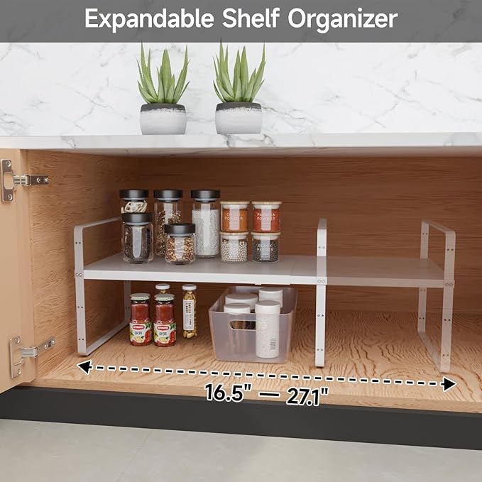 2Pack 16.5-27?쇺셂 Expandable Cabinet Countertop Shelf Organizer, Stackable Metal Shelves, Kitchen Organizers and Storage, White Storage Spice Rack for Pantry and Cupboard