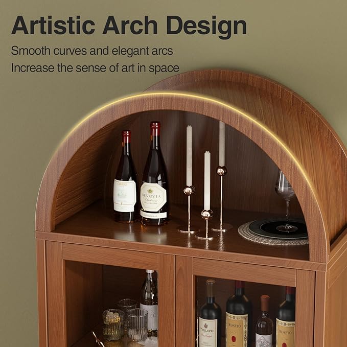 Kitchen Pantry Cabinet with Glass Doors - Arched Design, Metal U Legs, Artistic Slatted Door, Adjustable Shelves, 78.4" Curved Storage Cabinet for Kitchen, Dining Room