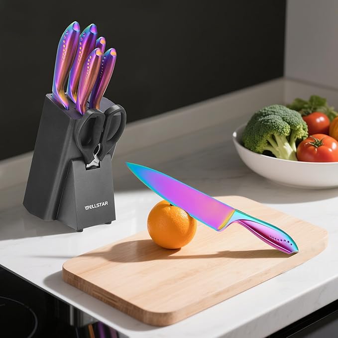 WELLSTAR Rainbow Knife Set 8 Pieces, Iridescent German Stainless Steel Kitchen Knives Set with Wooden Block, Colorful Titanium Coating, Chef?셲 Knife Block Set with Scissors and Built-in Sharpener