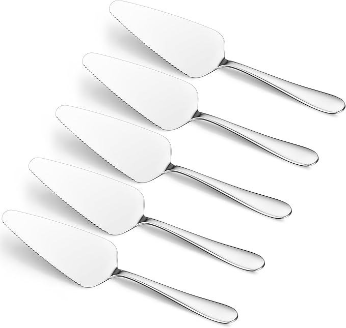 E-far 5-Piece Pie Server, Stainless Steel Cake Server Spatula Cutter for Pastry Cheese Pizza, Serrated Edge with Oval Handle, Mirror Polished & Dishwasher Safe-9 Inch