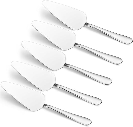 E-far 5-Piece Pie Server, Stainless Steel Cake Server Spatula Cutter for Pastry Cheese Pizza, Serrated Edge with Oval Handle, Mirror Polished & Dishwasher Safe-9 Inch