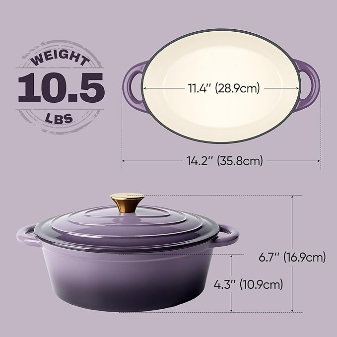 Vintage Style Oval Dutch Oven for Bread Baking, 4.5 Quart Non Stick Enameled Cast Iron Dutch Oven Pot with Lid, Oven Safe Oval Casserole with Lid up to 500째F for Baking, Braising, Stews, Roasting, Purple